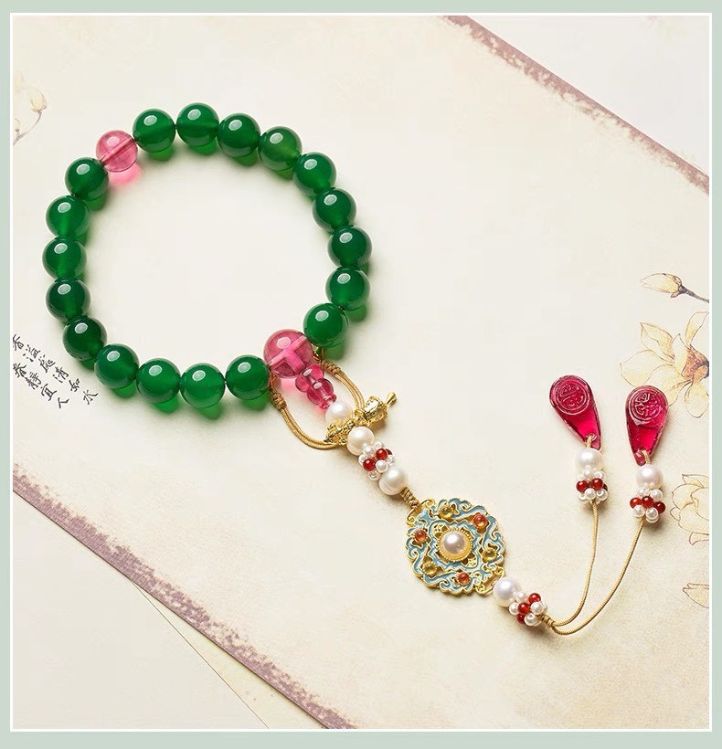 綠瑪瑙度母壓襟十八子手串